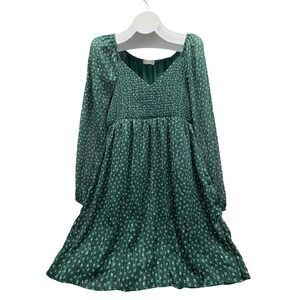 Altar'd State Green Floral Lurex Smocked V-Neck Mini Dress Womens Large